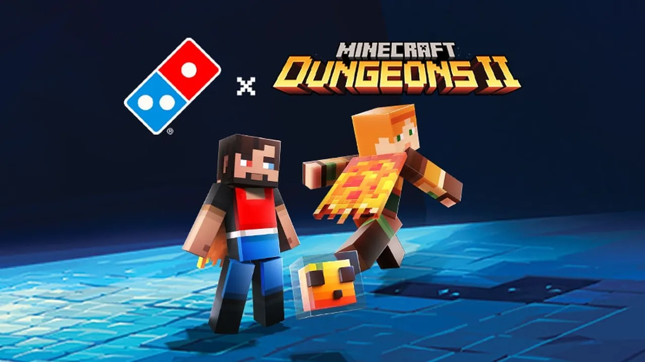 A Minecraft Dungeons II hero in the Domino's skin and Alex wearing the Slice Slayer cape, with the Cheesy Cube pet between them under the Domino's and Dungeons II logos.