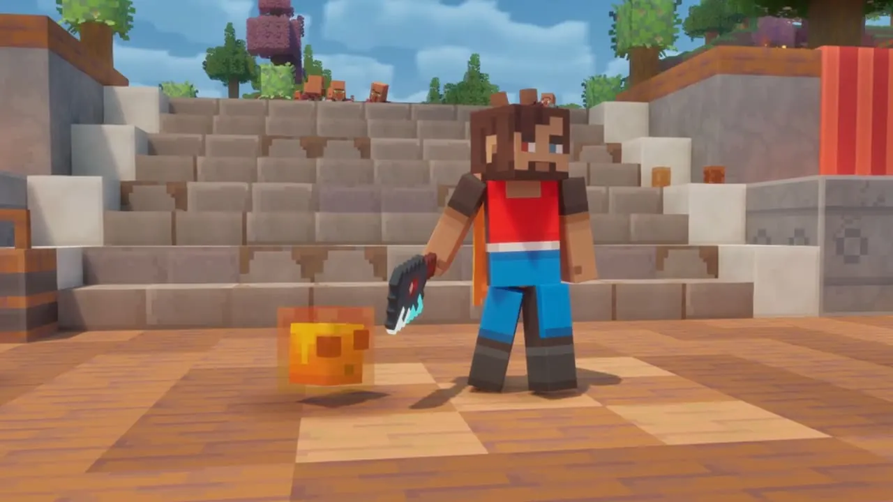 A player in Brave Haven wearing the Domino's skin with the Cheesy Cube pet.