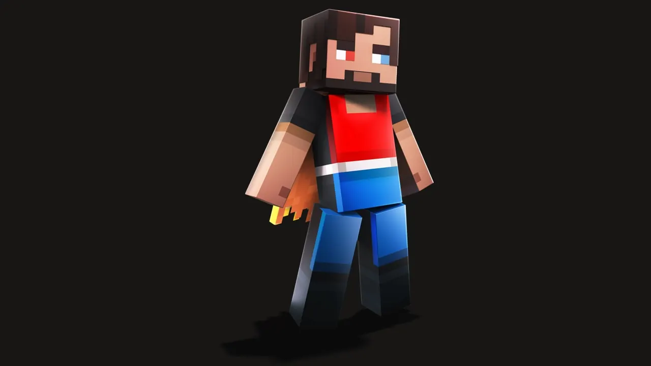 A Minecraft Dungeons II hero wearing the Domino's skin with a red shirt and blue trousers.
