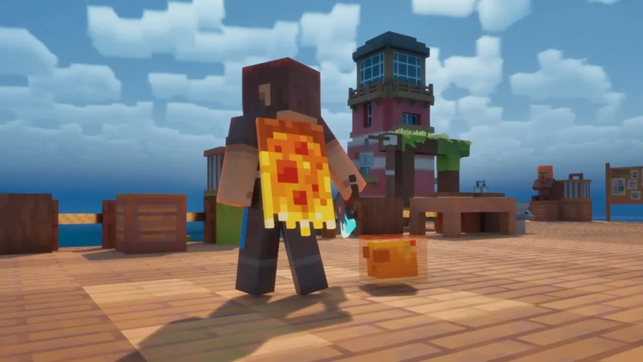 A Minecraft Dungeons II player on a pier with the Slice Slayer cape and the Cheesy Cube pet.