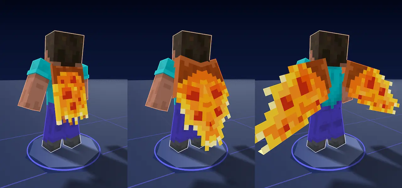 Steve from behind wearing the Slice Slayer pizza design three ways: as a cape, as closed elytra and as open elytra.