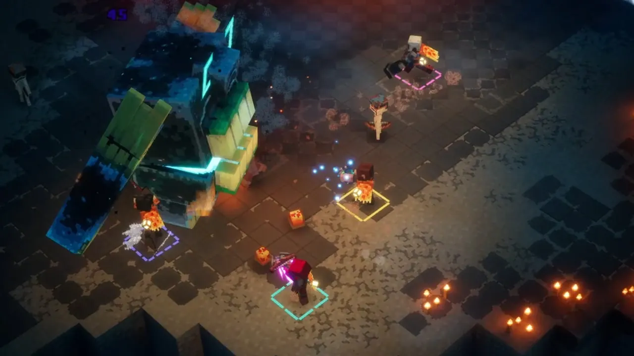 Four heroes fighting the Twisted Warden while wearing the Domino's cosmetics.
