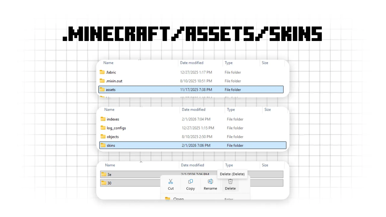 Open the Minecraft assets and skins folders, then clear the cached files.